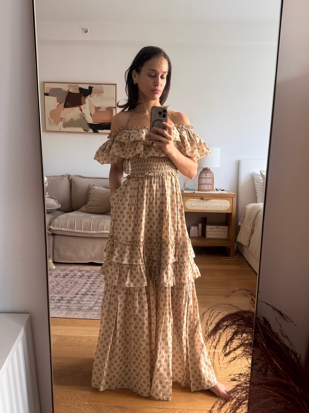 Polka-Dot Beige Maxi Dress with Ruffles - Picture 3 of 5